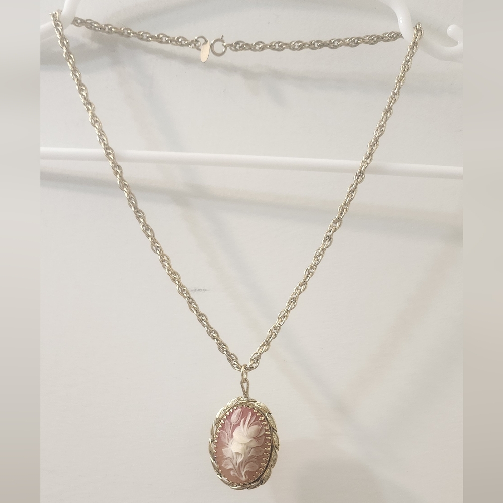 Whiting & Davis Silver Vintage Necklace with Pink Cameo, Golden Tone Chain.